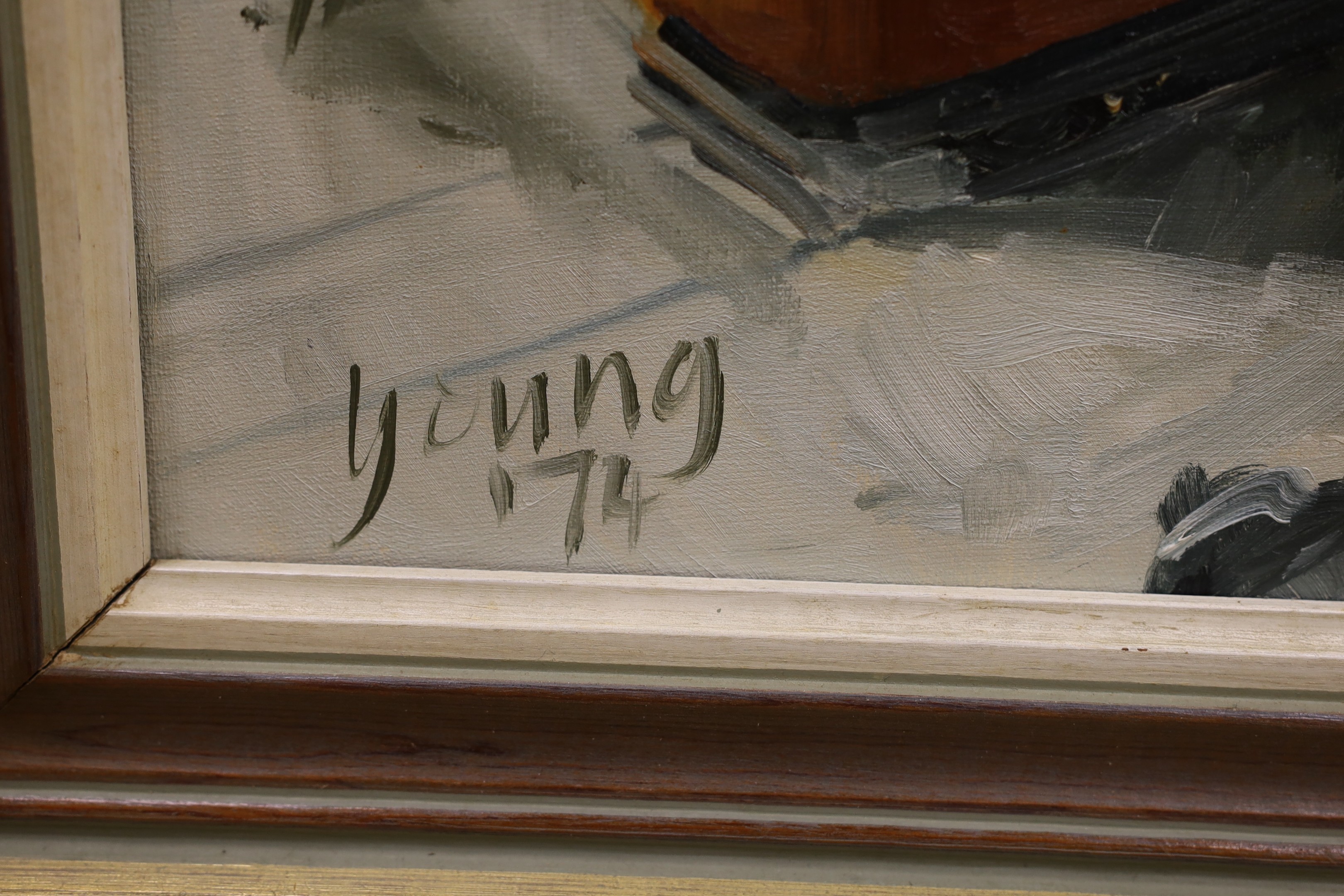 Malcolm Young (b.1937), oil on board, Street scene with trams, signed and dated '74, 44 x 59cm